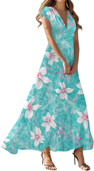 Summer Dresses for Women Short Sleeve Deep V Neck Maxi Dress Fitted Vintage Floral Print High Waist Dress