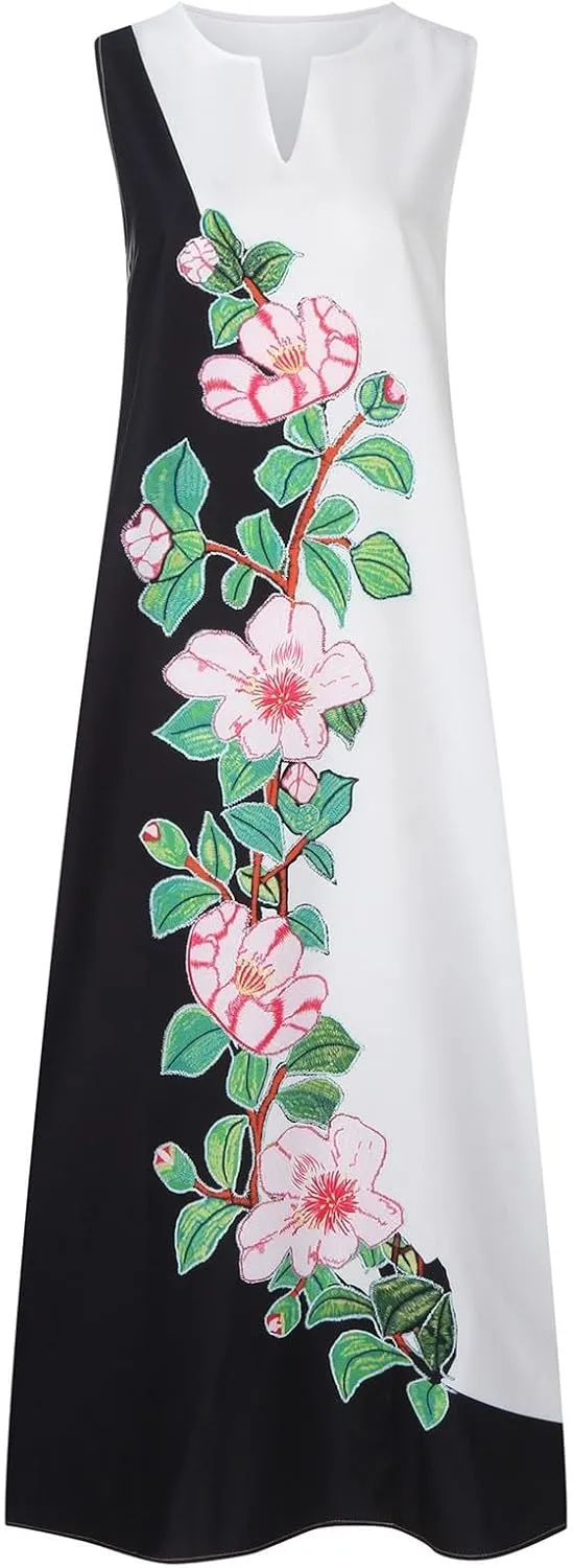 Summer Dresses for Women Trendy Sunflower Print Notch V Neck Maxi Dress Casual Sleeveless Beach Sundress with Pockets