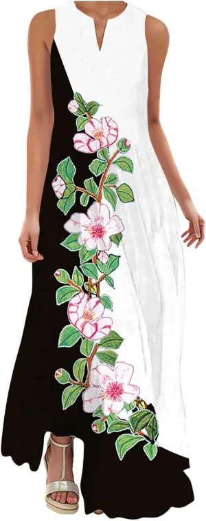 Summer Dresses for Women Trendy Sunflower Print Notch V Neck Maxi Dress Casual Sleeveless Beach Sundress with Pockets