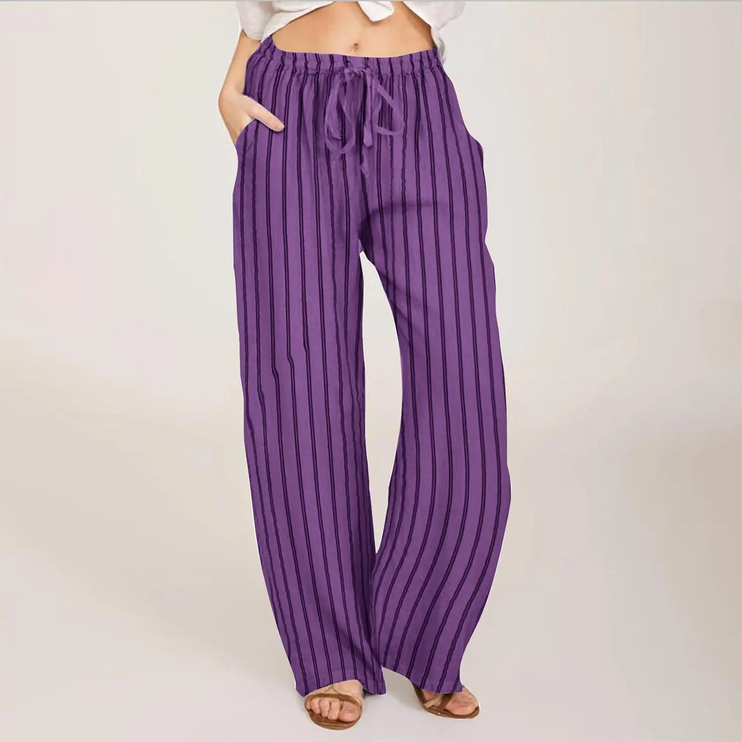 Summer Pants for Women 2024,Striped Wide Leg Loose Drawstring High Waist Palazzo Trousers Pants with Pockets