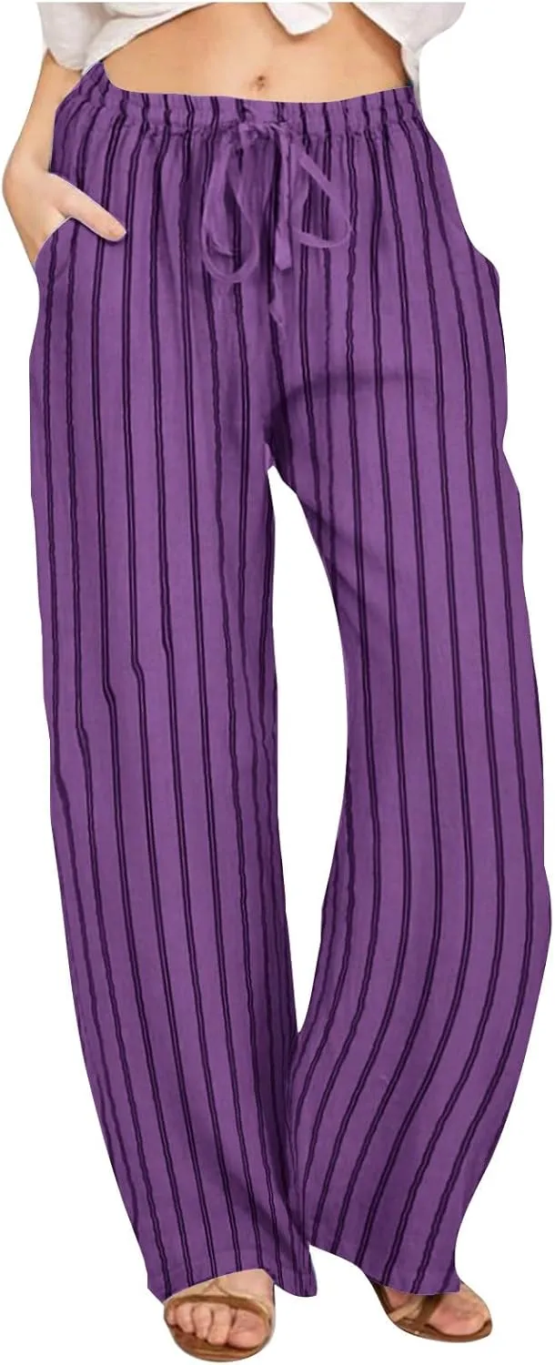 Summer Pants for Women 2024,Striped Wide Leg Loose Drawstring High Waist Palazzo Trousers Pants with Pockets