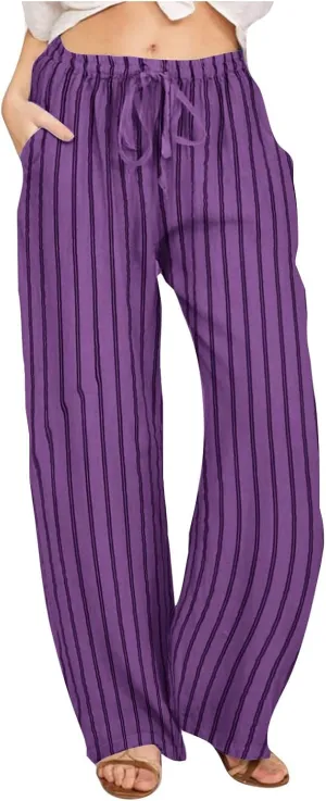 Summer Pants for Women 2024,Striped Wide Leg Loose Drawstring High Waist Palazzo Trousers Pants with Pockets