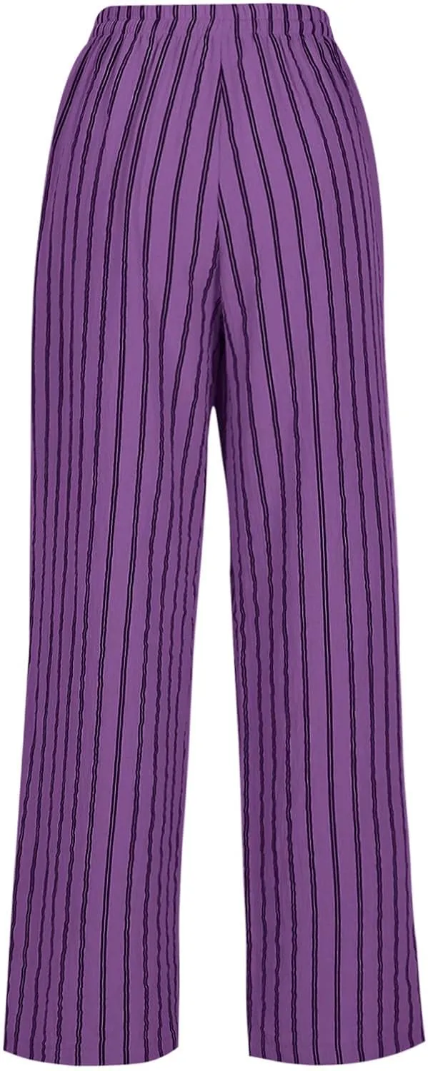 Summer Pants for Women 2024,Striped Wide Leg Loose Drawstring High Waist Palazzo Trousers Pants with Pockets