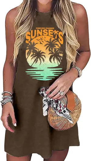 Sun Salt Sand Coconut Tree Tank Mini Dress Sundresses for Women Sleeveless Summer Graphic Vacation Hawaiian Dress 2025