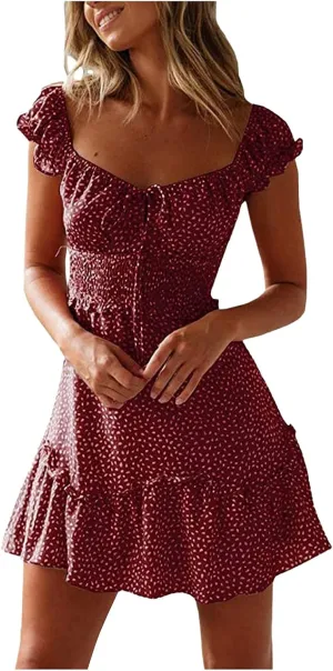 Sundresses for Women 2024 Cute Summer Mini Dress Ruffle Sleeve Sweetheart Neckline Boho Floral Short Milkmaid Dress Hot Pink, X-Large