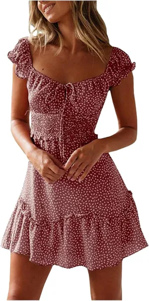 Sundresses for Women 2024 Cute Summer Mini Dress Ruffle Sleeve Sweetheart Neckline Boho Floral Short Milkmaid Dress Pink, Large