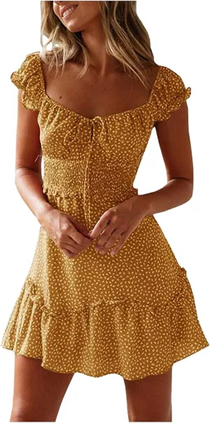 Sundresses for Women 2024 Cute Summer Mini Dress Ruffle Sleeve Sweetheart Neckline Boho Floral Short Milkmaid Dress Yellow, Large