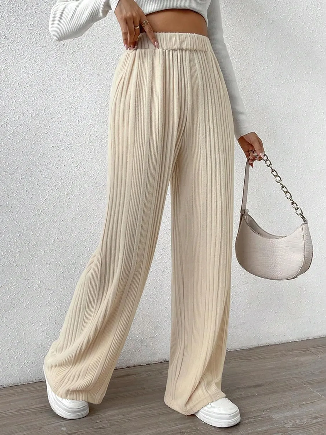 SweatyRocks Women's Casual Rib Knit High Elastic Waist Wide Leg Pant Palazzo Pants Trousers