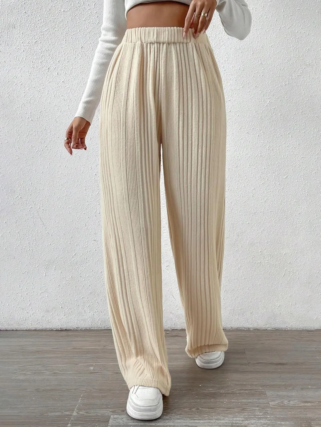 SweatyRocks Women's Casual Rib Knit High Elastic Waist Wide Leg Pant Palazzo Pants Trousers