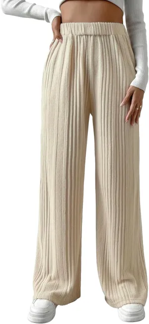SweatyRocks Women's Casual Rib Knit High Elastic Waist Wide Leg Pant Palazzo Pants Trousers
