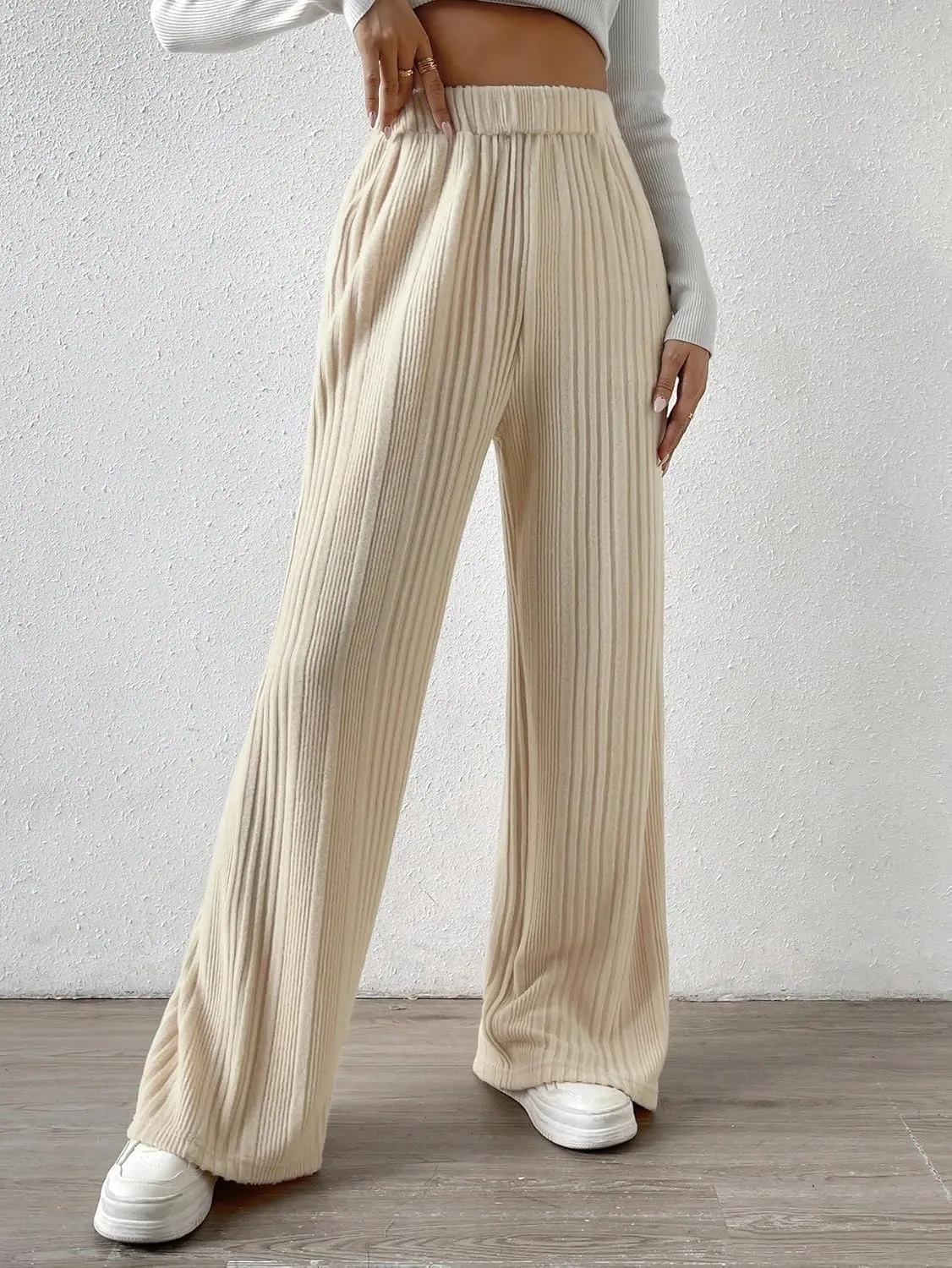 SweatyRocks Women's Casual Rib Knit High Elastic Waist Wide Leg Pant Palazzo Pants Trousers