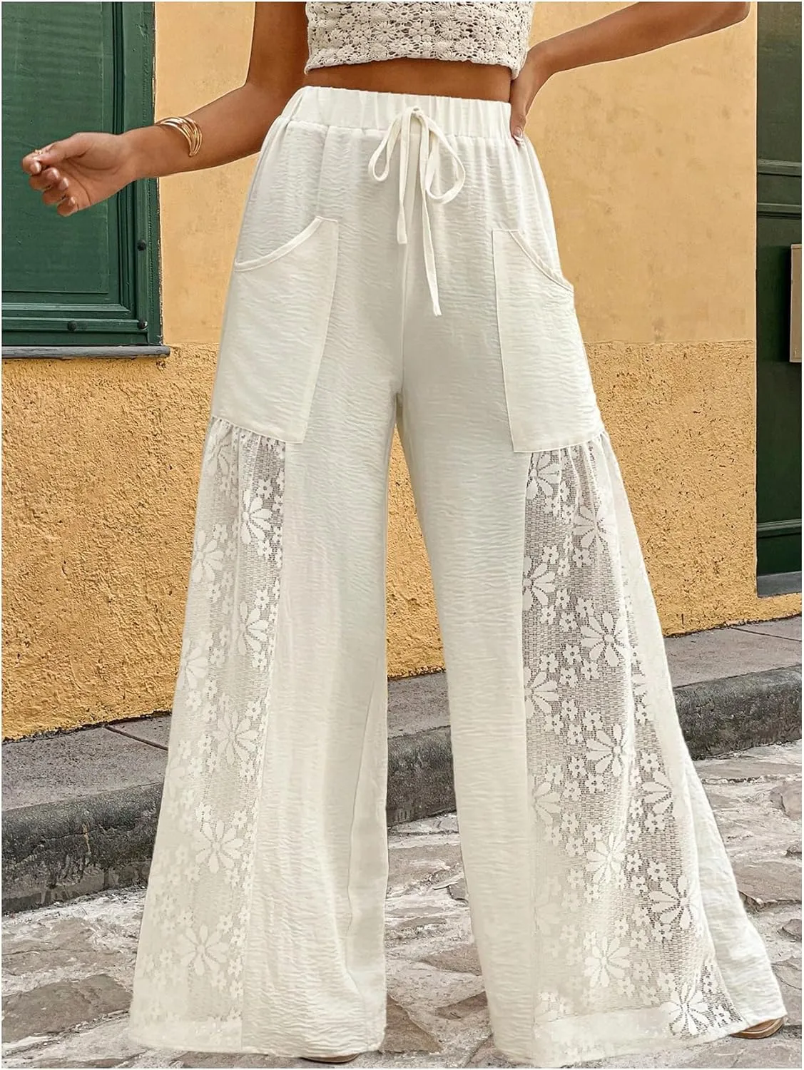 SweatyRocks Women's Floral Lace Wide Leg Pant Elastic High Waist Sheer Mesh Trouser with Pocket