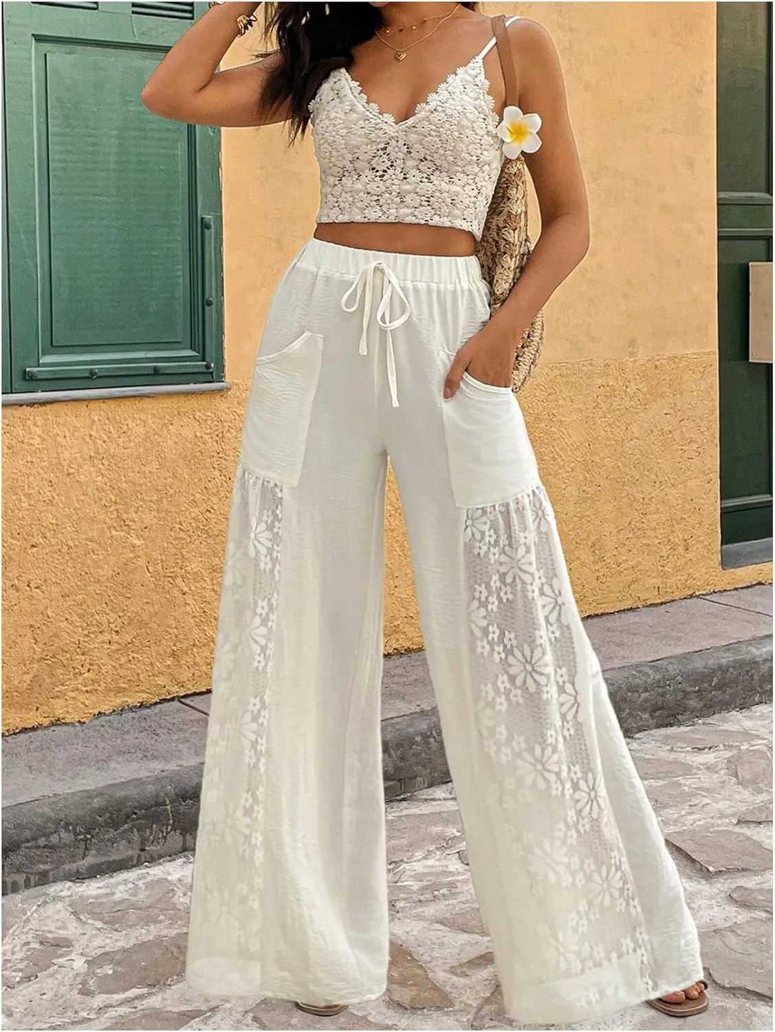 SweatyRocks Women's Floral Lace Wide Leg Pant Elastic High Waist Sheer Mesh Trouser with Pocket