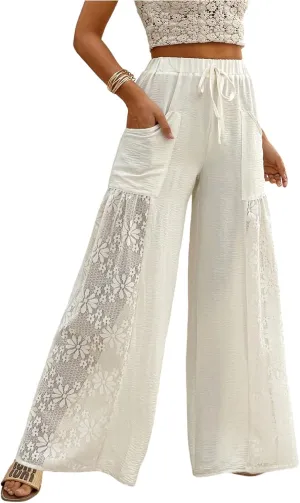 SweatyRocks Women's Floral Lace Wide Leg Pant Elastic High Waist Sheer Mesh Trouser with Pocket