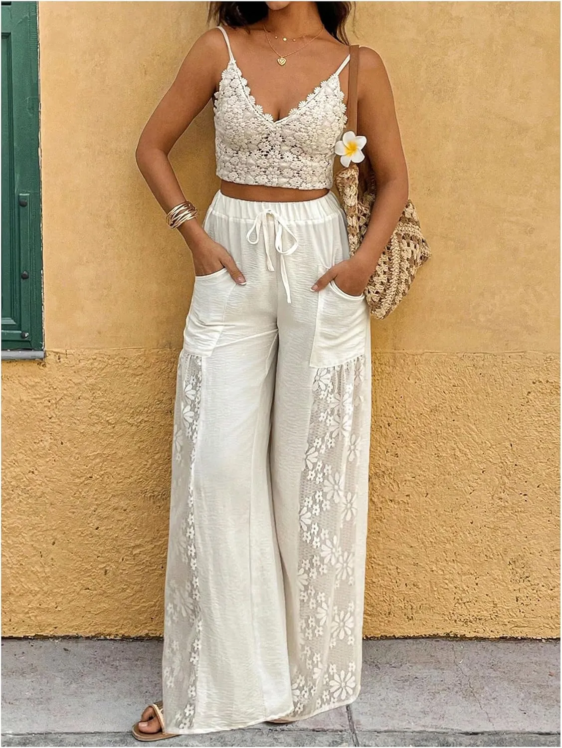 SweatyRocks Women's Floral Lace Wide Leg Pant Elastic High Waist Sheer Mesh Trouser with Pocket