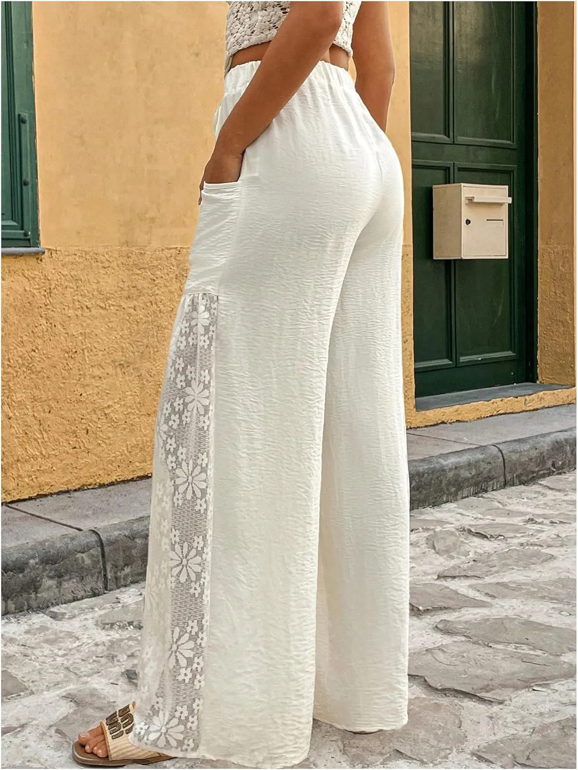 SweatyRocks Women's Floral Lace Wide Leg Pant Elastic High Waist Sheer Mesh Trouser with Pocket