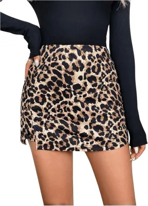 SweatyRocks Women's Leopard Print Mini Skirt High Waist Zipper Asymmetrical Split Hem Skorts