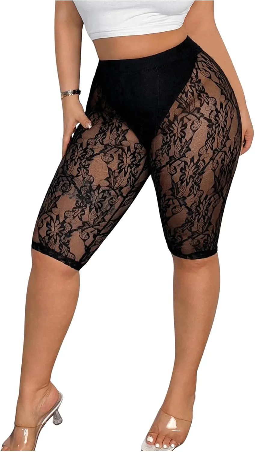 SweatyRocks Women's Plus Size Lace Shorts High Waisted Athletic Workout Sheer Leggings