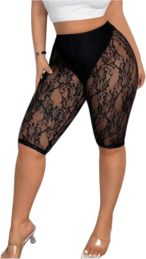 SweatyRocks Women's Plus Size Lace Shorts High Waisted Athletic Workout Sheer Leggings