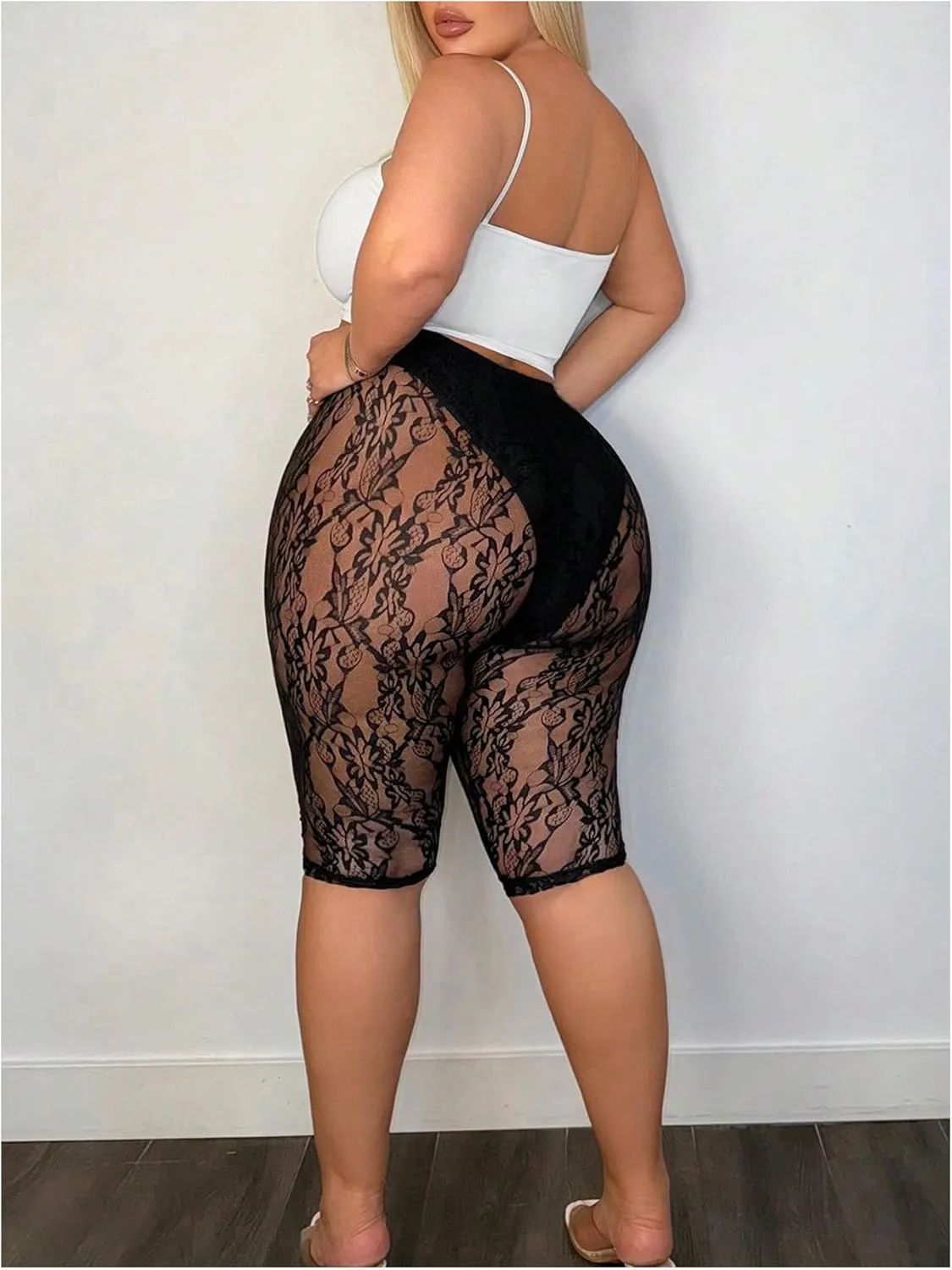 SweatyRocks Women's Plus Size Lace Shorts High Waisted Athletic Workout Sheer Leggings