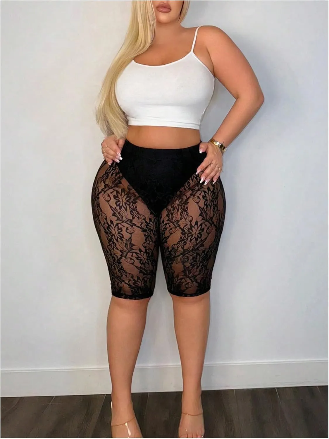 SweatyRocks Women's Plus Size Lace Shorts High Waisted Athletic Workout Sheer Leggings