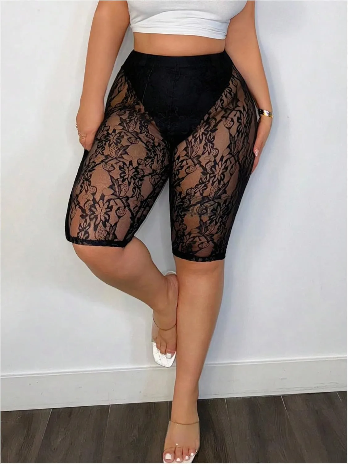 SweatyRocks Women's Plus Size Lace Shorts High Waisted Athletic Workout Sheer Leggings