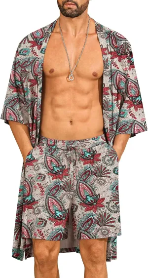 SWOMOG Mens Lightweight Kimono Robe with Shorts Set 2 PCS Printed Japanese Bathrobes Cardigan Robe with Belt & Pockets