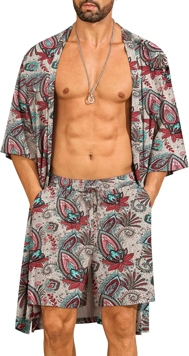 SWOMOG Mens Lightweight Kimono Robe with Shorts Set 2 PCS Printed Japanese Bathrobes Cardigan Robe with Belt & Pockets