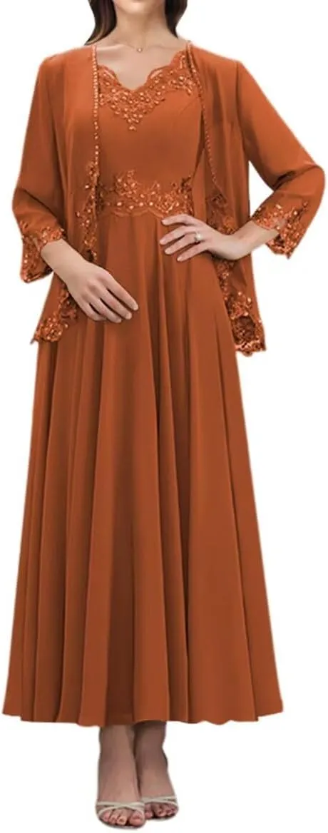 SYYS 2 Pieces Mother of The Bride Dresses Appliques Chiffon Formal Dresses for Women with Pockets SYYS414
