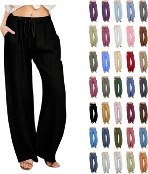 TARIENDY Women's Cotton Linen Pants Drawstring Elastic High Waist Wide Leg Lounge Palazzo Trousers Beach Vacation Outfits