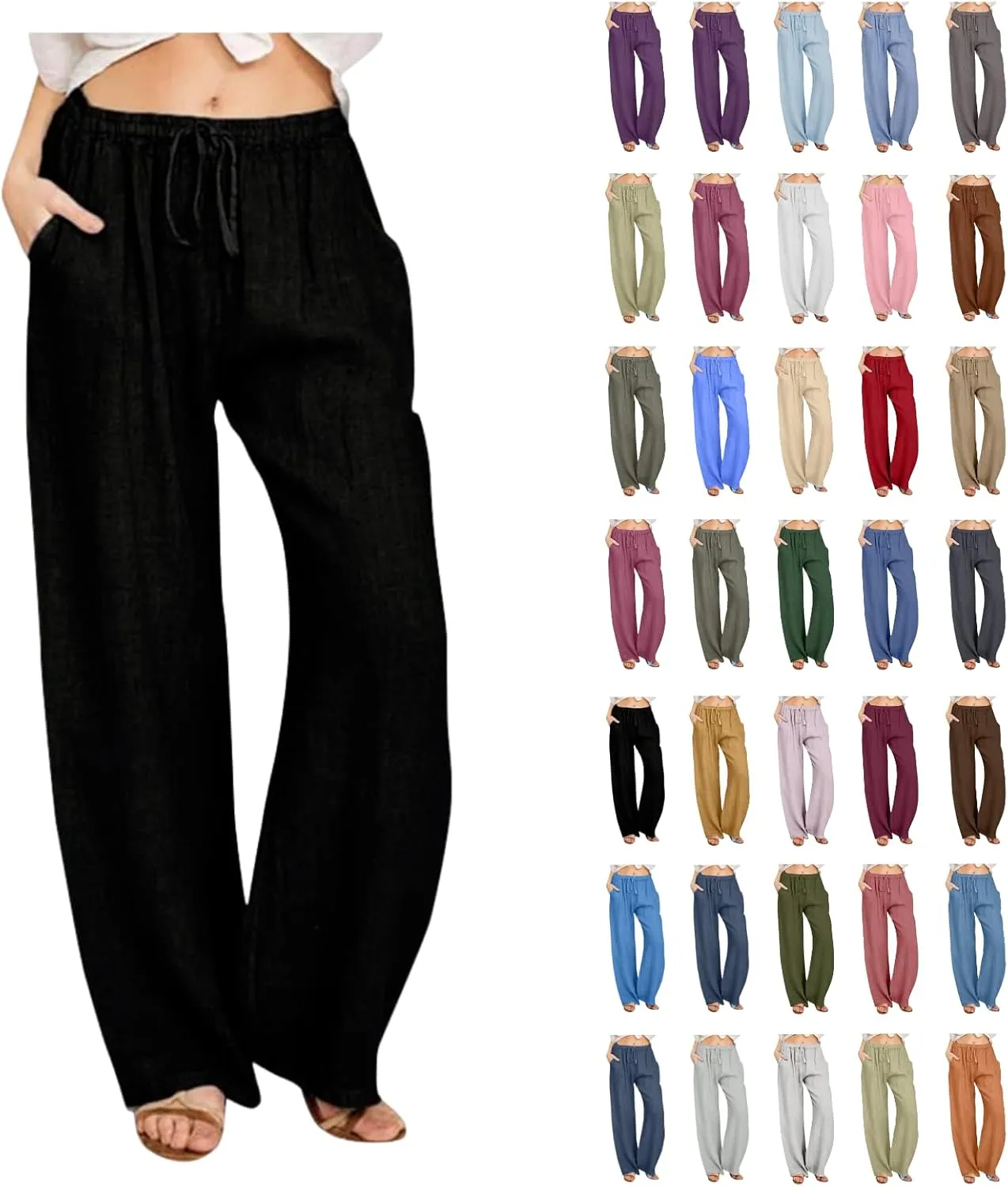 TARIENDY Women's Cotton Linen Pants Drawstring Elastic High Waist Wide Leg Lounge Palazzo Trousers Beach Vacation Outfits