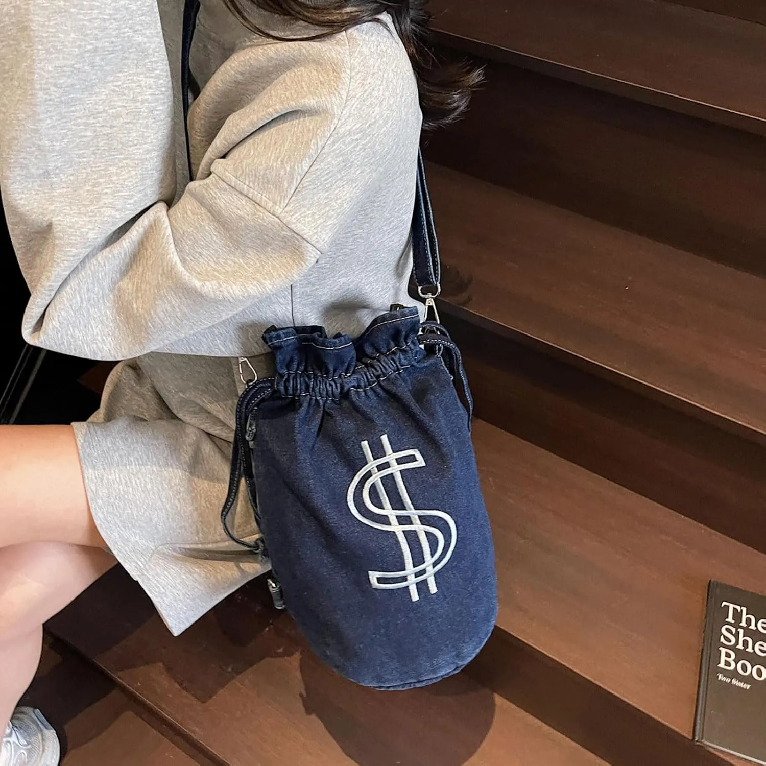 Teclado Denim Backpack Small Bucket Drawstring Casual Crossbody Messenger Bag Shoulder Hobo Bag Travel Daypacks (Dark Blue)