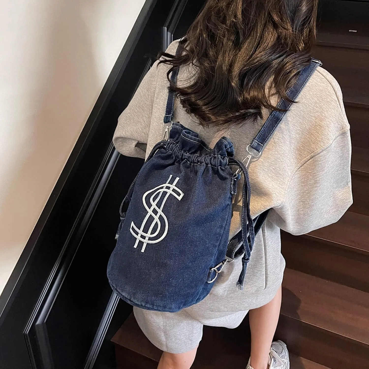 Teclado Denim Backpack Small Bucket Drawstring Casual Crossbody Messenger Bag Shoulder Hobo Bag Travel Daypacks (Dark Blue)