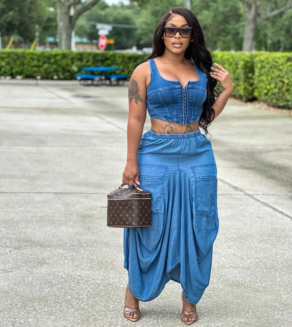 THLAI Women Denim Skirt Long Midi Denim Skirt Elastic Waist Cargo Skirt Irregular Hem Long Skirts 2024 Summer Jean Skirt