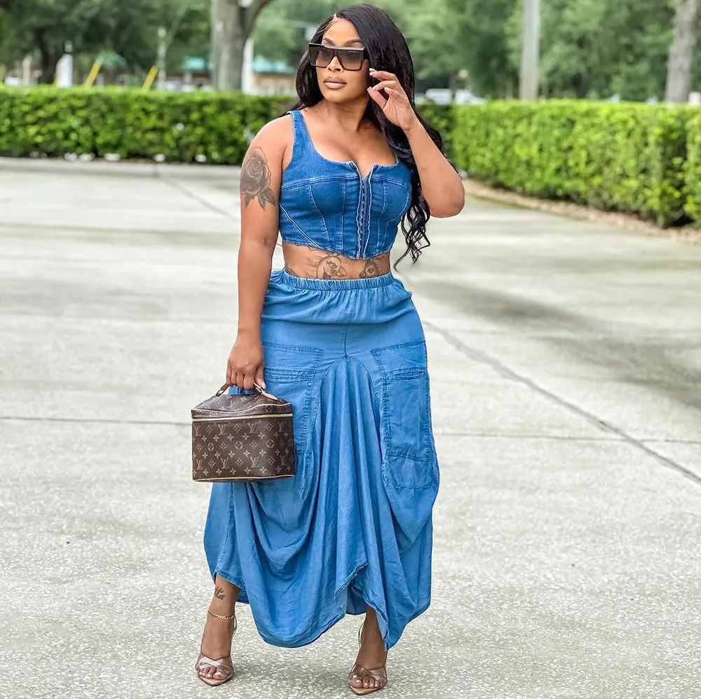 THLAI Women Denim Skirt Long Midi Denim Skirt Elastic Waist Cargo Skirt Irregular Hem Long Skirts 2024 Summer Jean Skirt