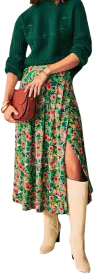 THLAI Womens Midi Pleated Floral Elegant Skirt with Slit Casual Daily Skirt