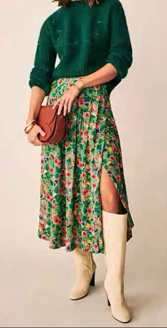THLAI Womens Midi Pleated Floral Elegant Skirt with Slit Casual Daily Skirt