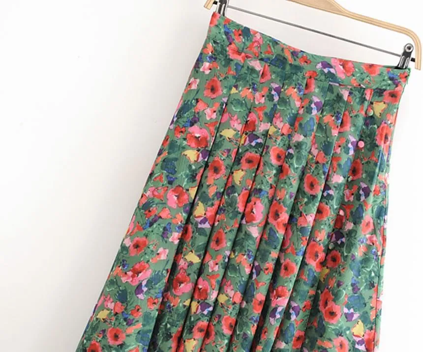 THLAI Womens Midi Pleated Floral Elegant Skirt with Slit Casual Daily Skirt