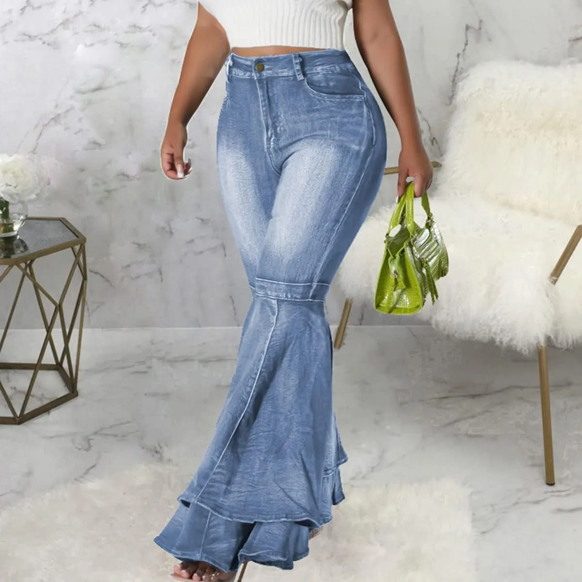 ThusFar Bell Bottom Jeans High Waisted Pleated Layered Ruffle Hem Flared Wide Leg Denim Pants 70s Outfits for Women