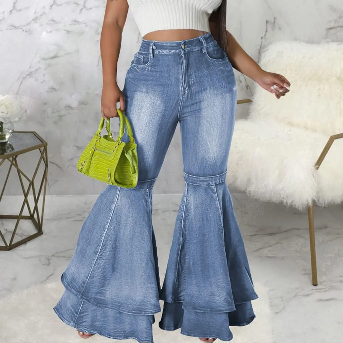 ThusFar Bell Bottom Jeans High Waisted Pleated Layered Ruffle Hem Flared Wide Leg Denim Pants 70s Outfits for Women