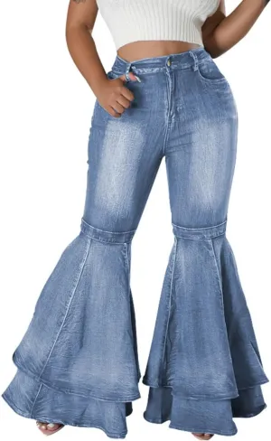 ThusFar Bell Bottom Jeans High Waisted Pleated Layered Ruffle Hem Flared Wide Leg Denim Pants 70s Outfits for Women