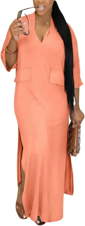 ThusFar Women Casual Batwing Half Sleeve Oversize T-Shirt Dress Spring Beach Basic V Neck Split Tunic Long Maxi Dresses