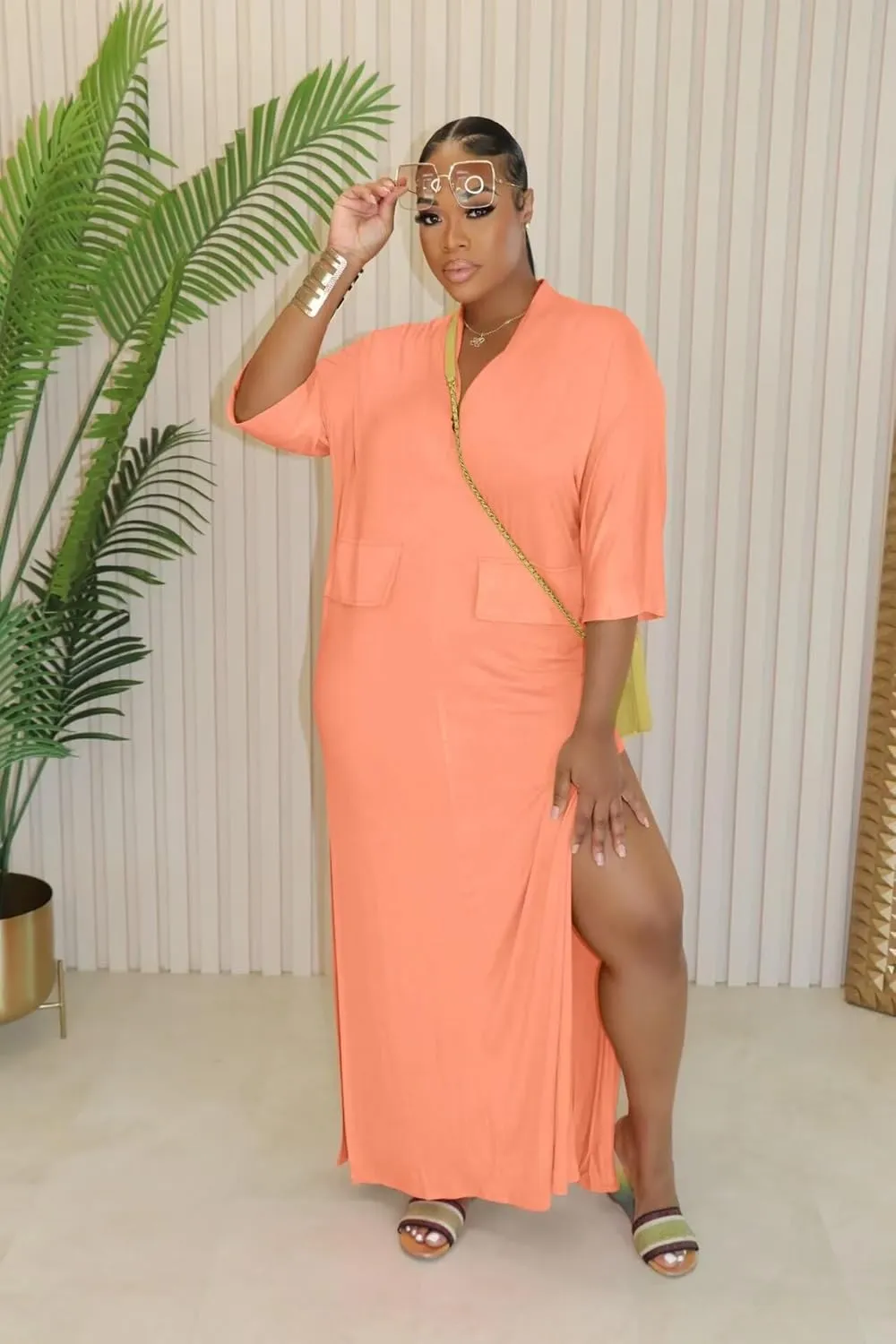 ThusFar Women Casual Batwing Half Sleeve Oversize T-Shirt Dress Spring Beach Basic V Neck Split Tunic Long Maxi Dresses