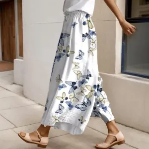 TIAFORD Women Casual Boho Wide Leg Pant Summer High Elastic Waist Floral Print Long Pant Loose Comfy Flowy Beach Trousers
