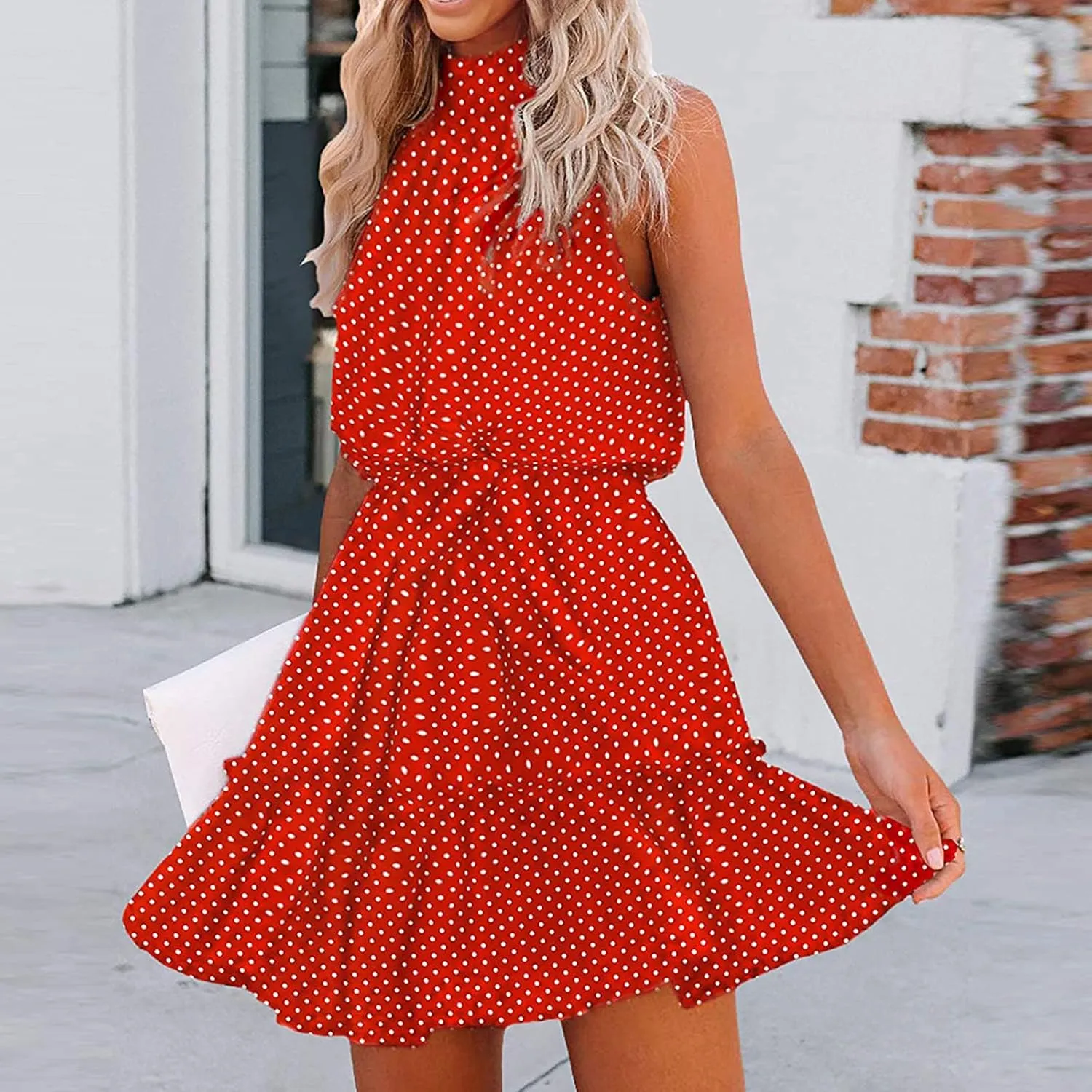 tuduoms Womens Boho Floral Dress Cute Ruffle Halter Neck Mini Dress Dot High Waist Party Beach A Line Swing Dresses with Belt