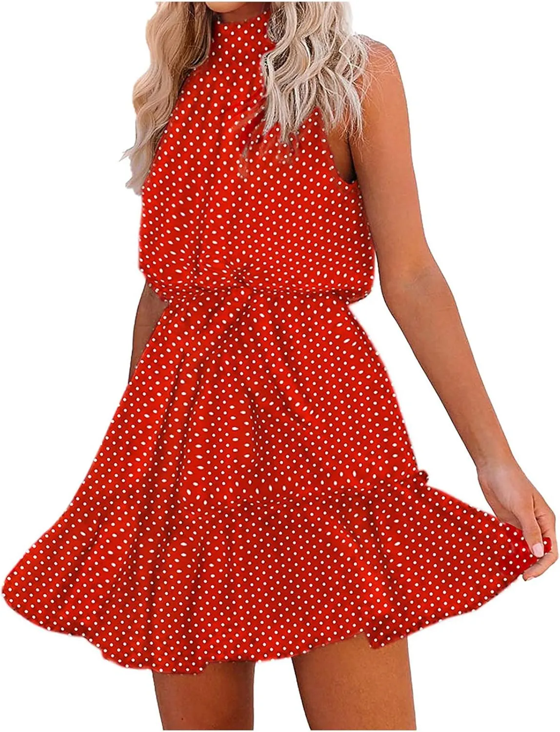 tuduoms Womens Boho Floral Dress Cute Ruffle Halter Neck Mini Dress Dot High Waist Party Beach A Line Swing Dresses with Belt