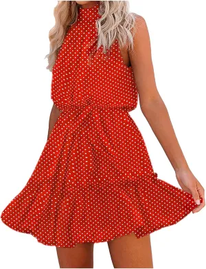 tuduoms Womens Boho Floral Dress Cute Ruffle Halter Neck Mini Dress Dot High Waist Party Beach A Line Swing Dresses with Belt