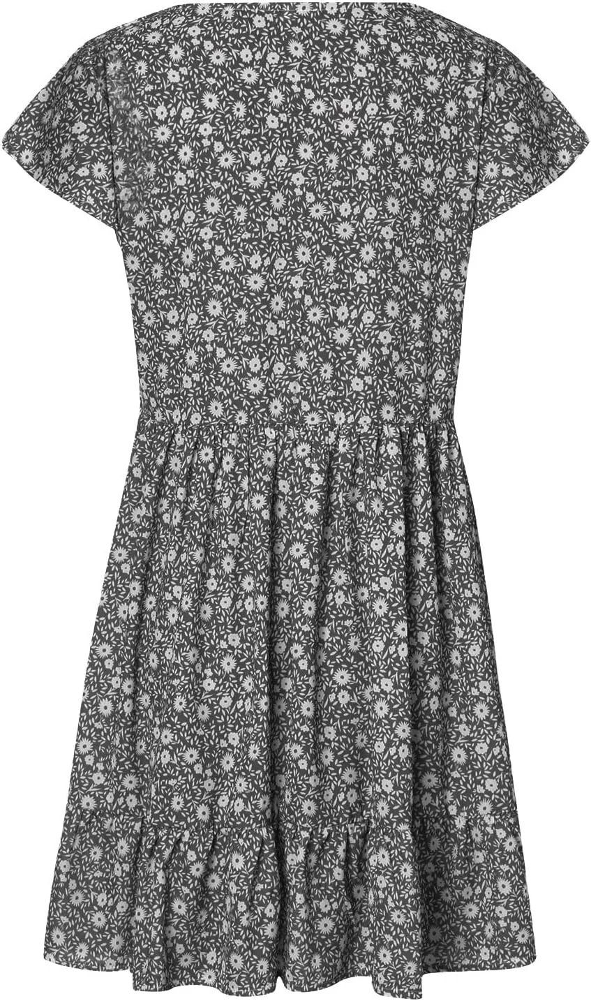 tuduoms Womens Boho V Neck Mini Dress Summer Cap Sleeve Ruffle Floral Dress Cute Sexy Empire Waist Beach Flowy Short Dress