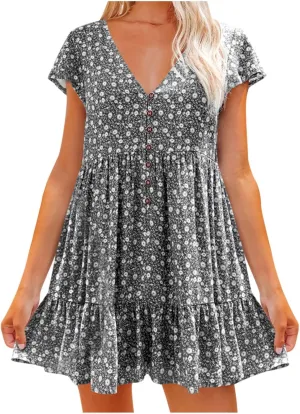 tuduoms Womens Boho V Neck Mini Dress Summer Cap Sleeve Ruffle Floral Dress Cute Sexy Empire Waist Beach Flowy Short Dress