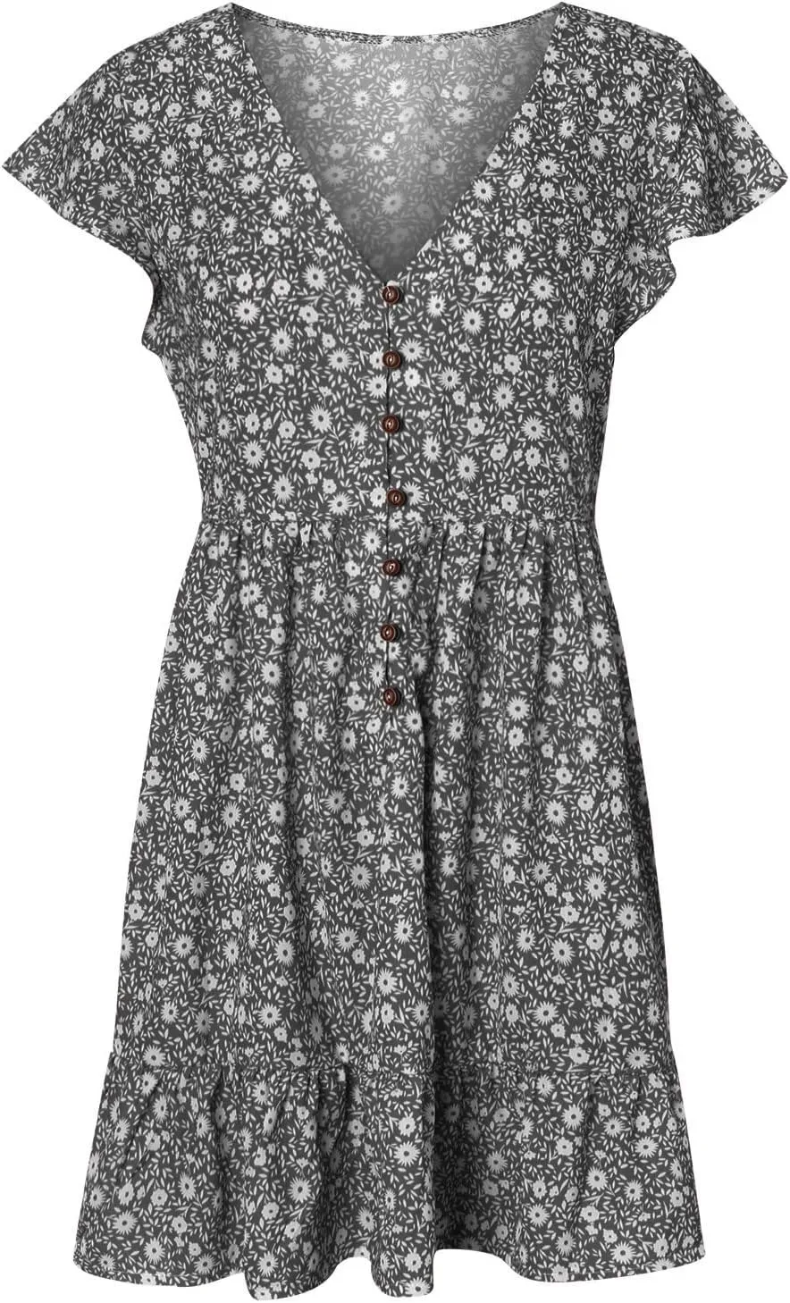 tuduoms Womens Boho V Neck Mini Dress Summer Cap Sleeve Ruffle Floral Dress Cute Sexy Empire Waist Beach Flowy Short Dress